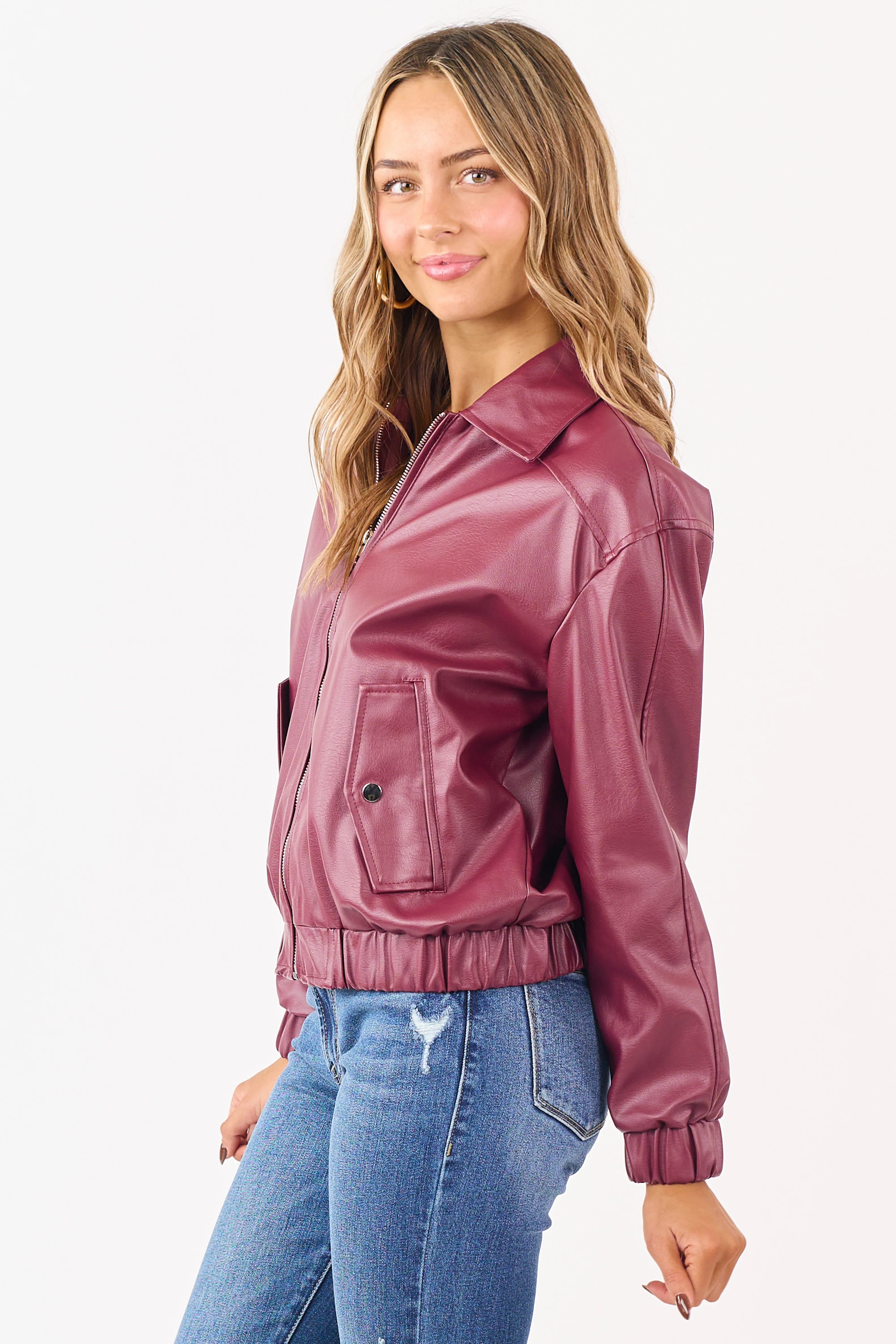 Wine Crinkle Faux Leather Zip Up Bomber Jacket - Image 4