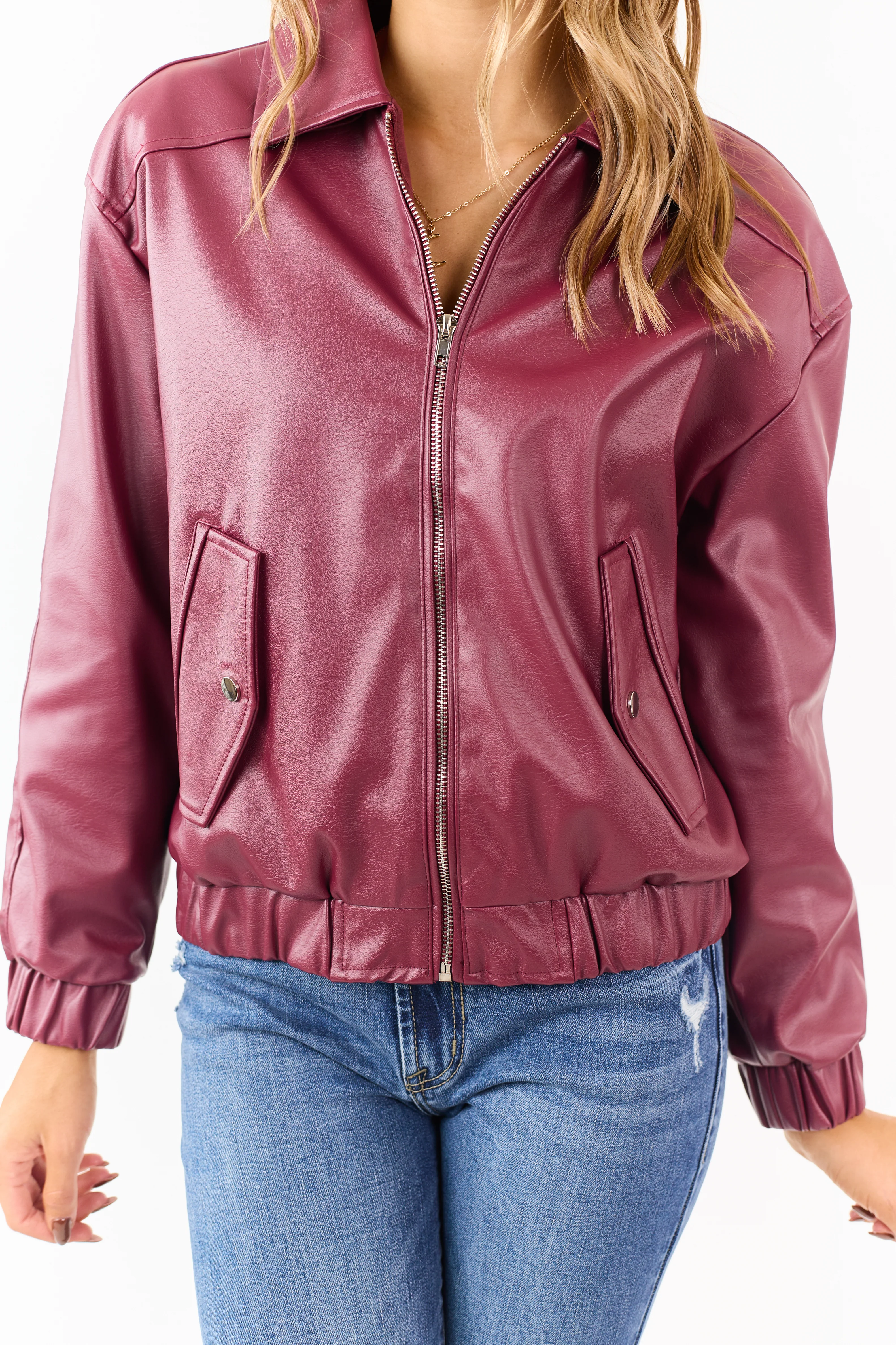 Wine Crinkle Faux Leather Zip Up Bomber Jacket - Image 6