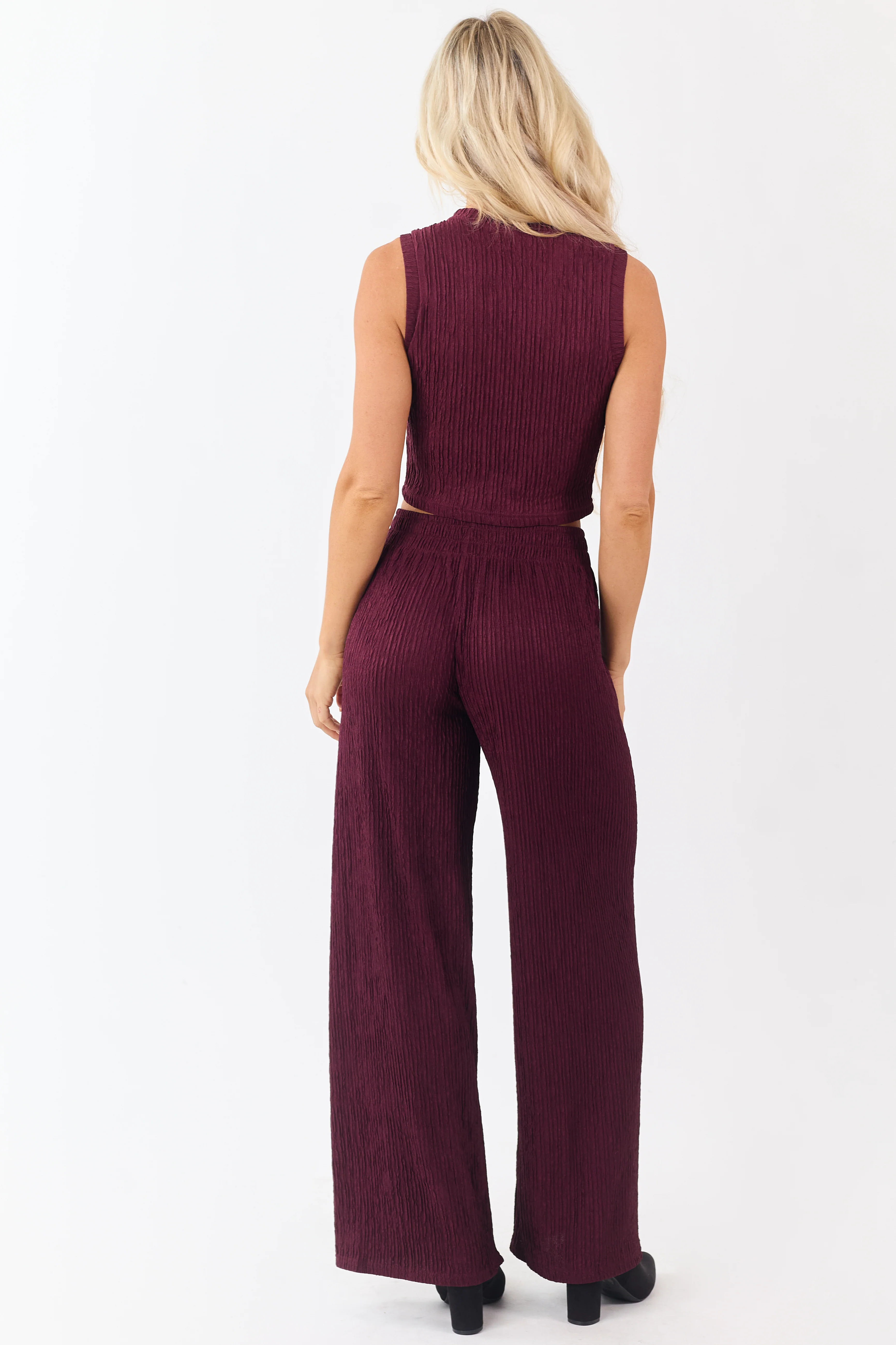 Wine Crinkled Plisse Crop Tank Top and Pants Set - Image 5