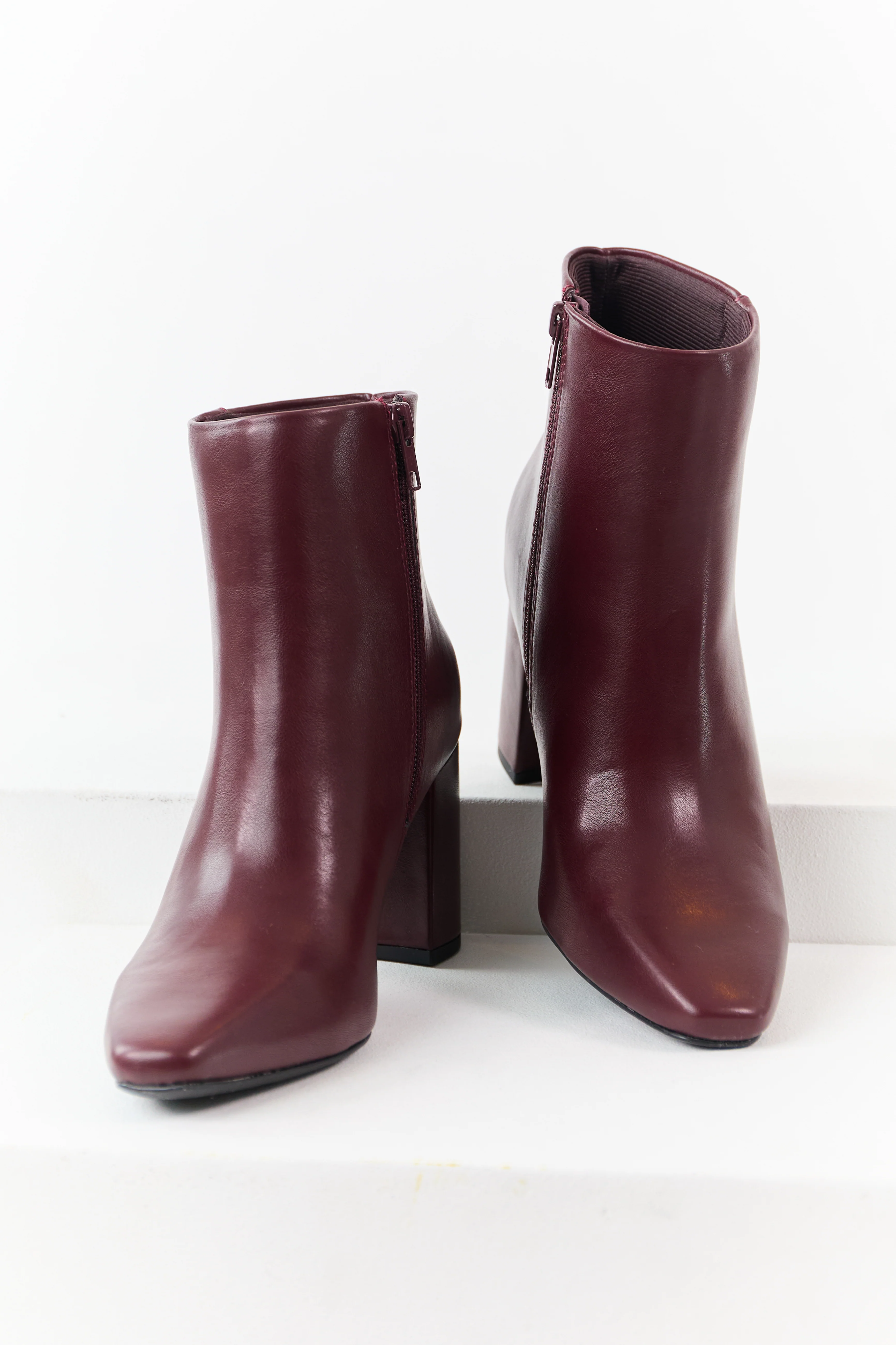 Wine Faux Leather Block Heel Pointed Toe Booties - Image 2
