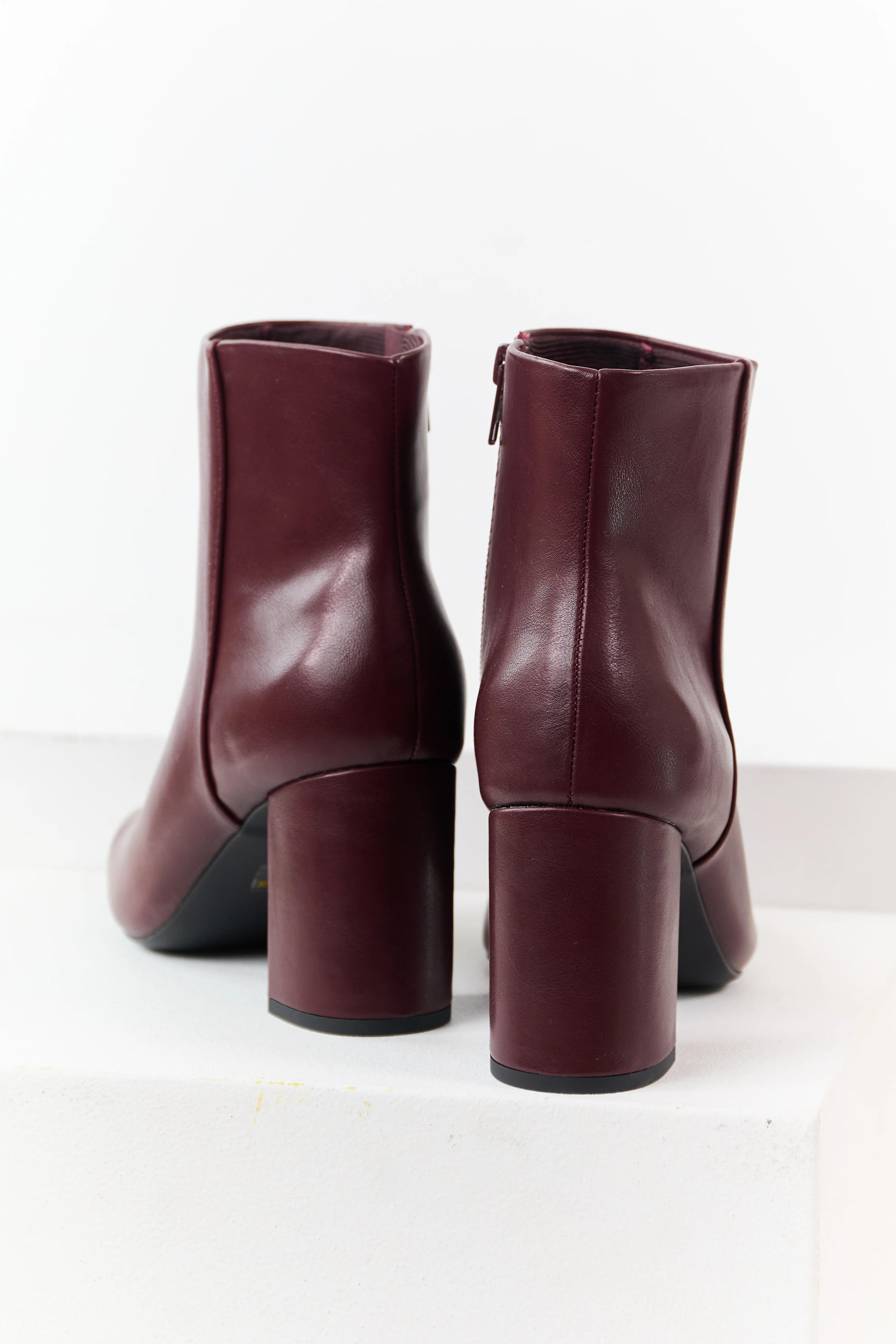 Wine Faux Leather Block Heel Pointed Toe Booties - Image 3