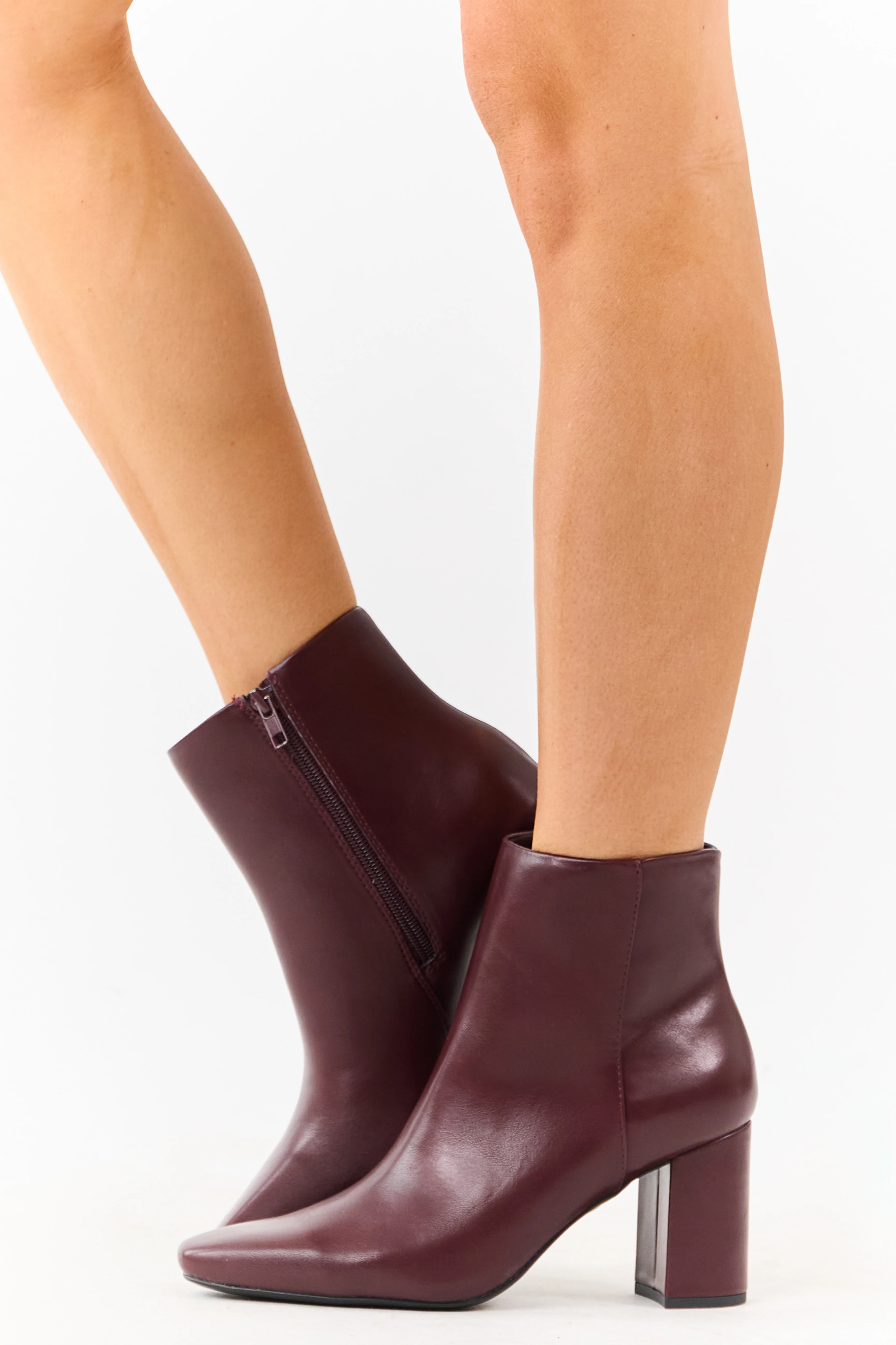 Wine Faux Leather Block Heel Pointed Toe Booties - Image 5