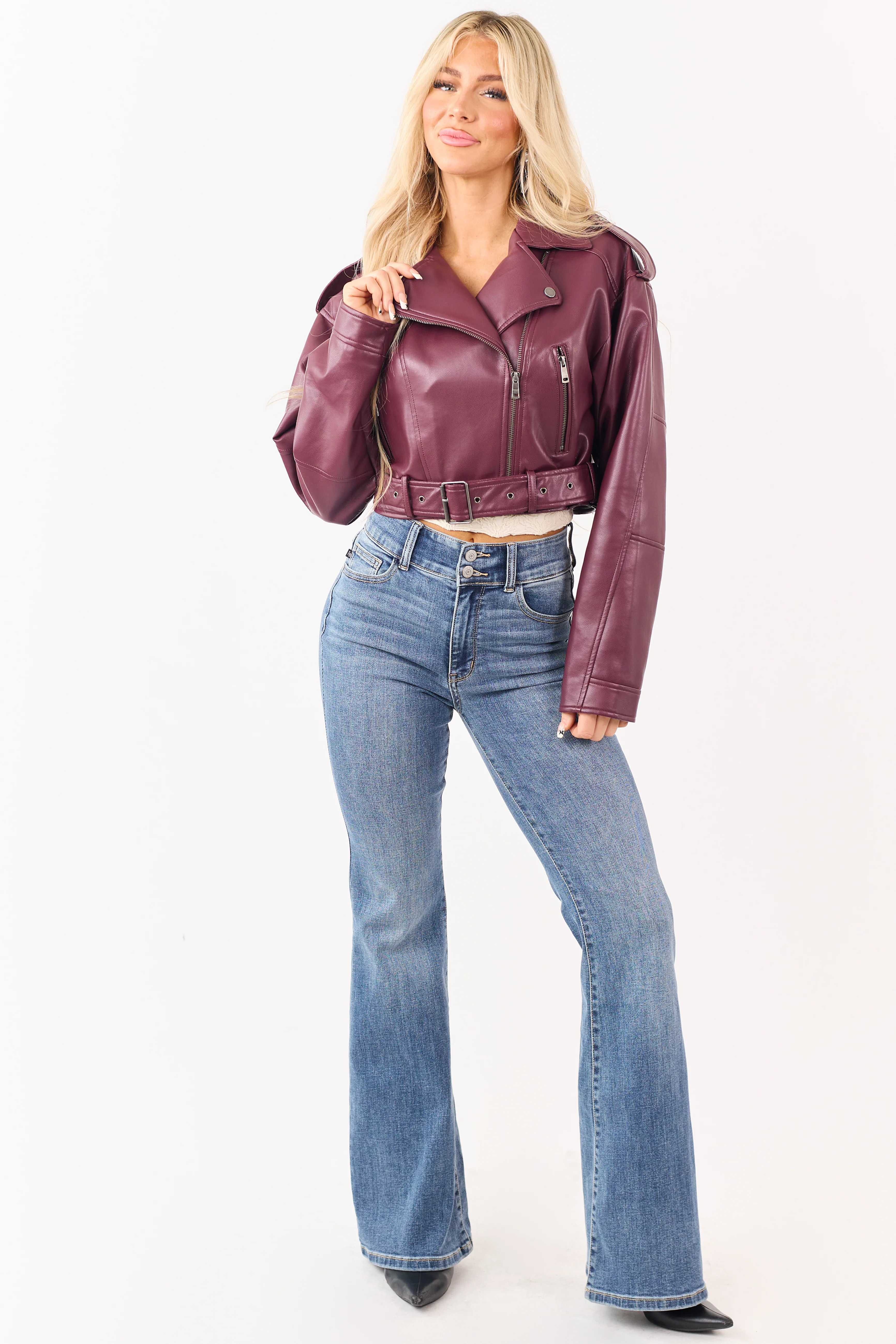 Wine Faux Leather Zip Up Cropped Jacket - Image 3