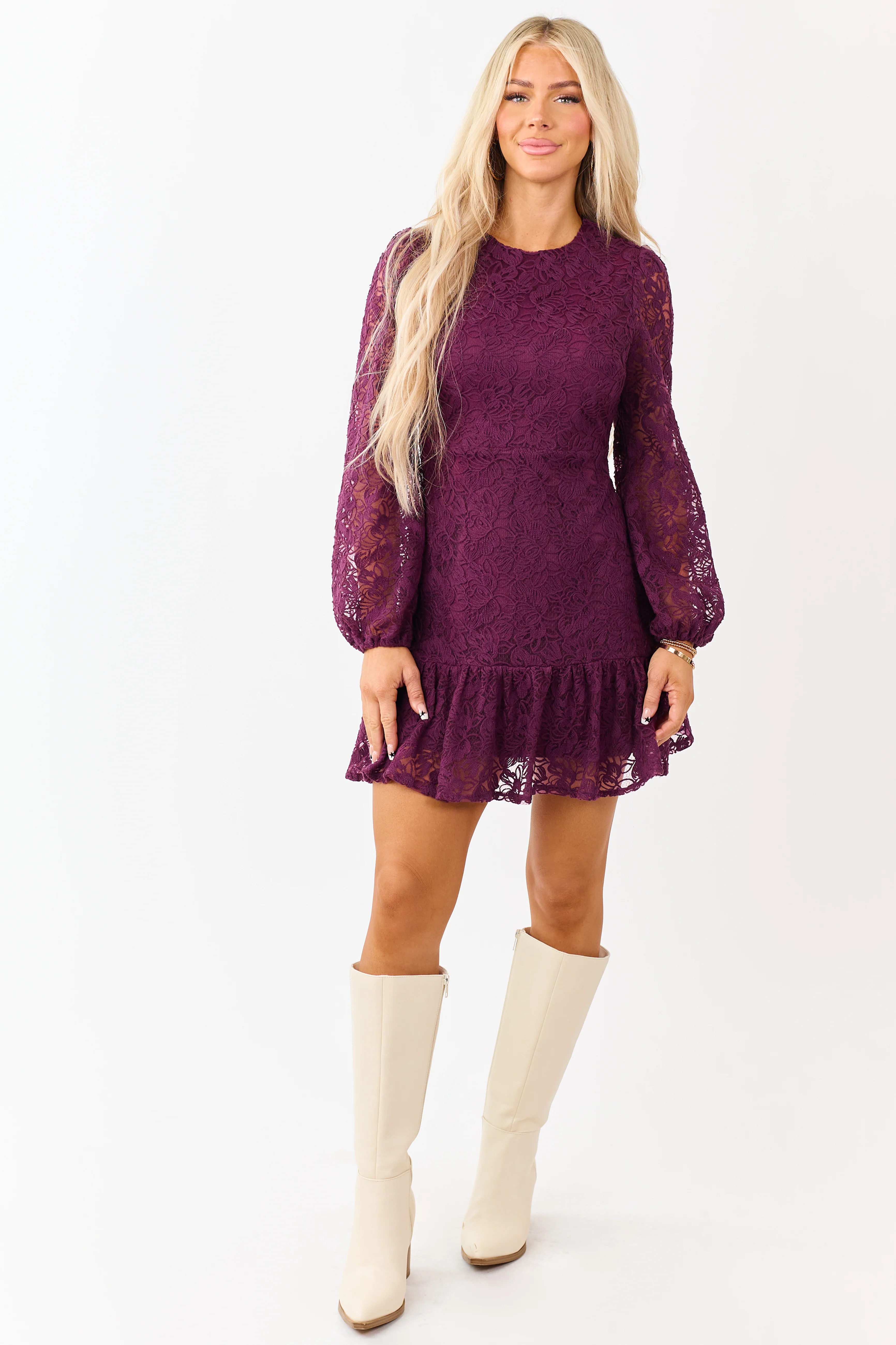 Wine Floral Lace Long Sleeve Ruffle Hem Mini Dress - Image 5