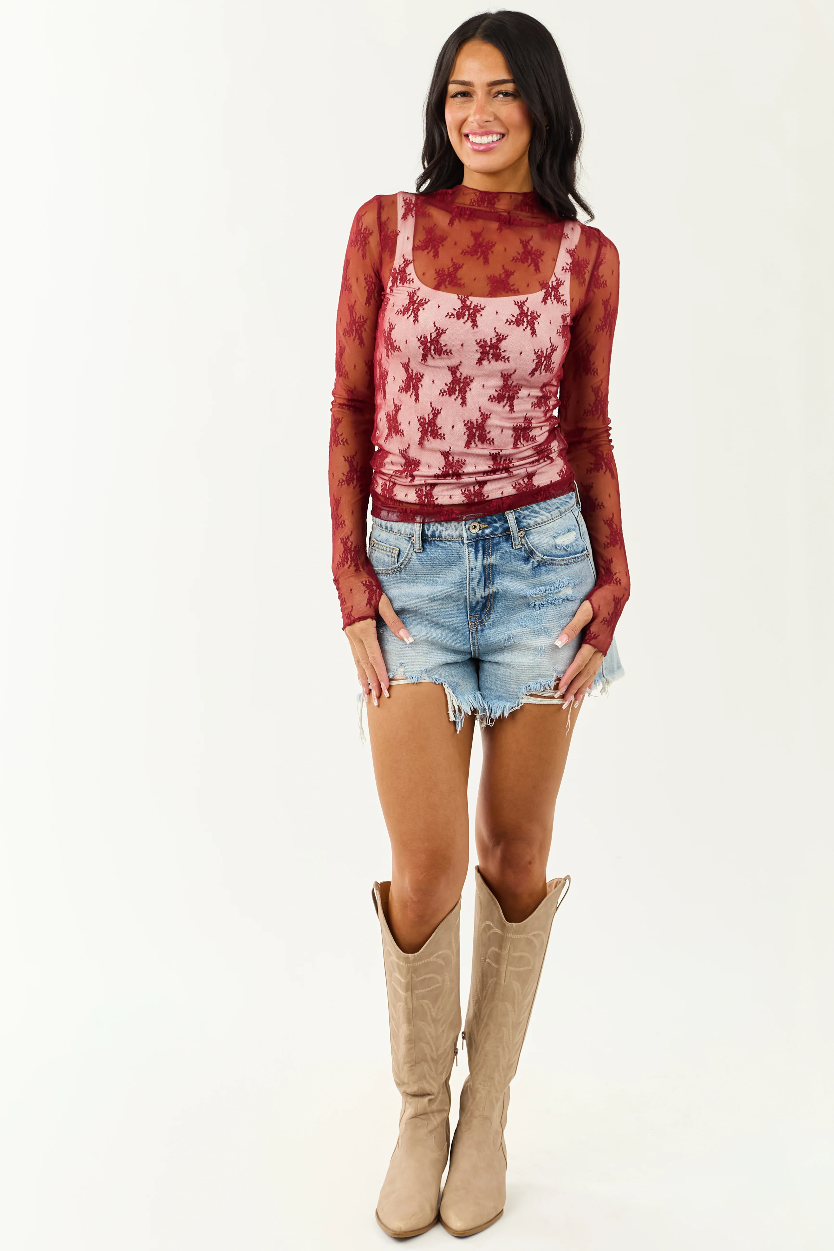 Wine Mesh Lace Mock Neck Long Sleeve Top - Image 3