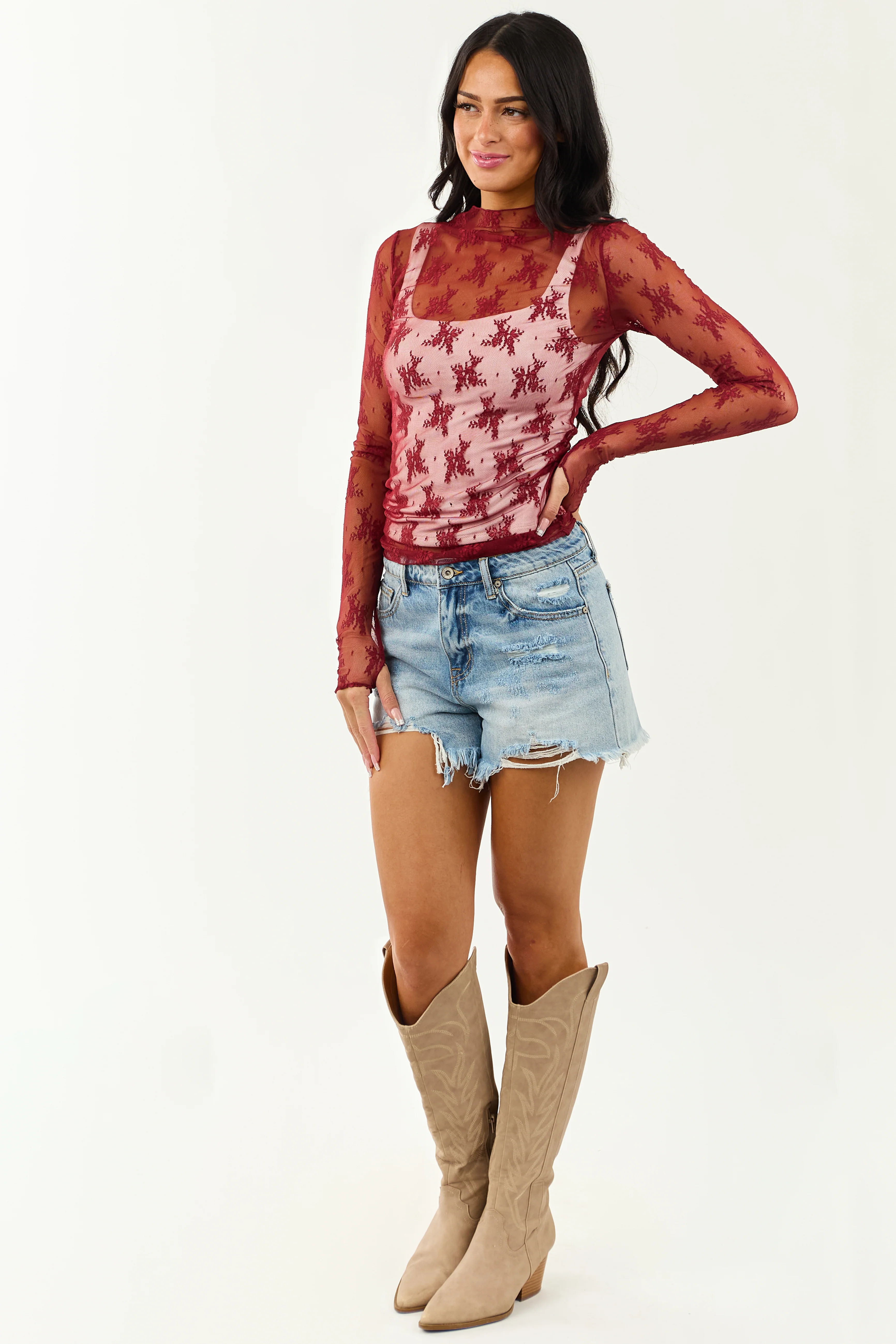 Wine Mesh Lace Mock Neck Long Sleeve Top - Image 4