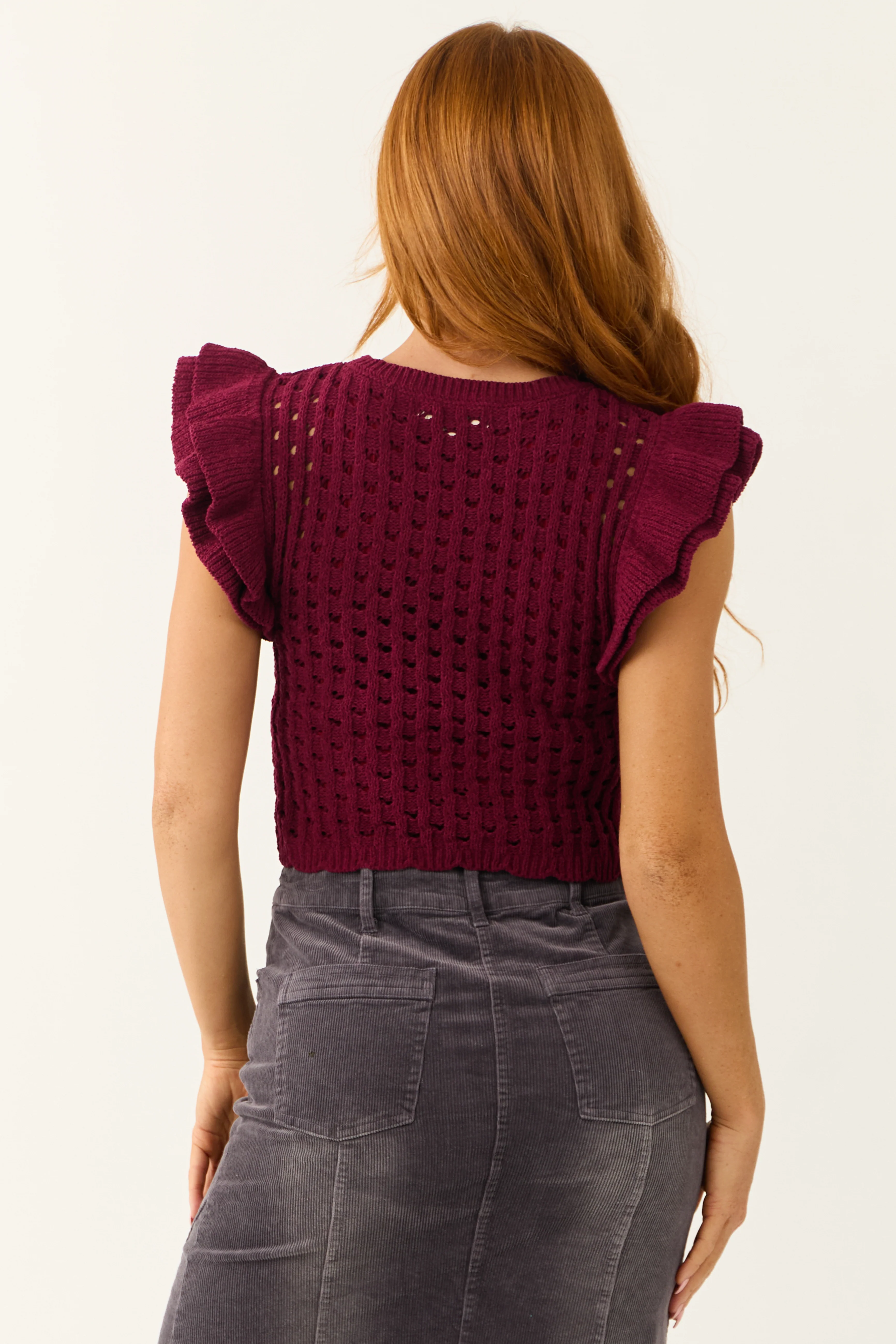 Wine Open Sweater Knit Ruffle Sleeve Top - Image 5