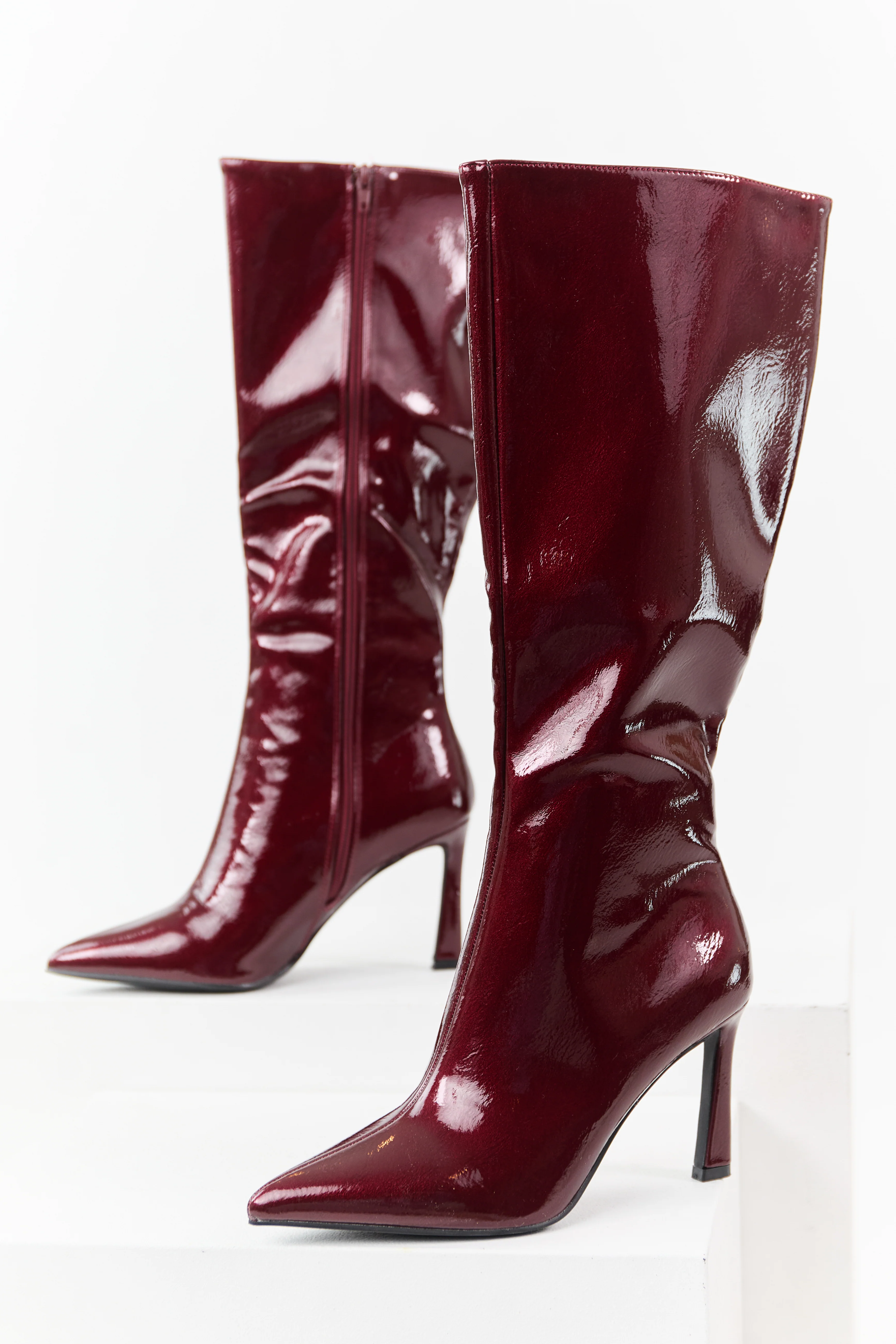 Wine Patent Faux Leather High Heel Tall Boots