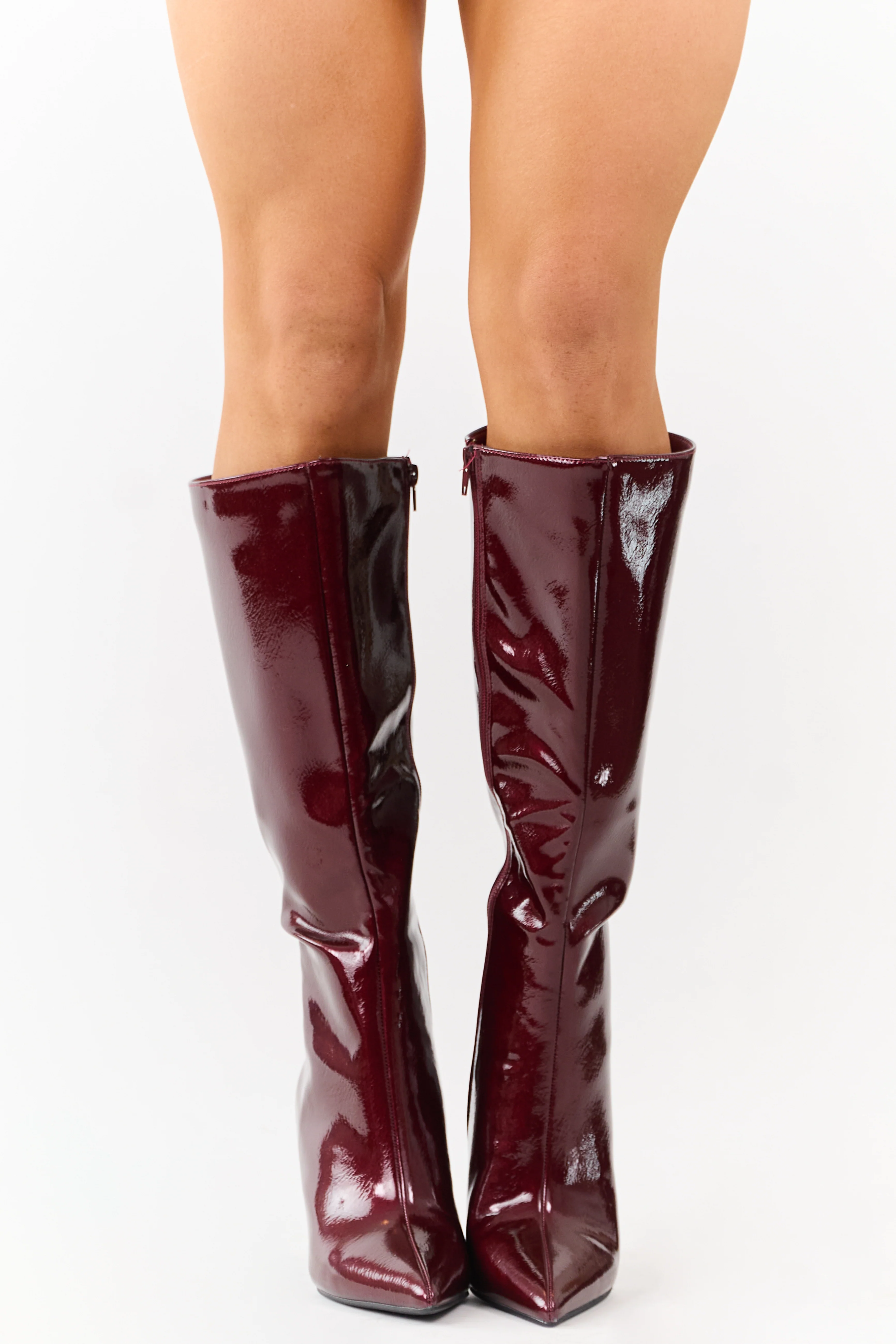 Wine Patent Faux Leather High Heel Tall Boots - Image 4