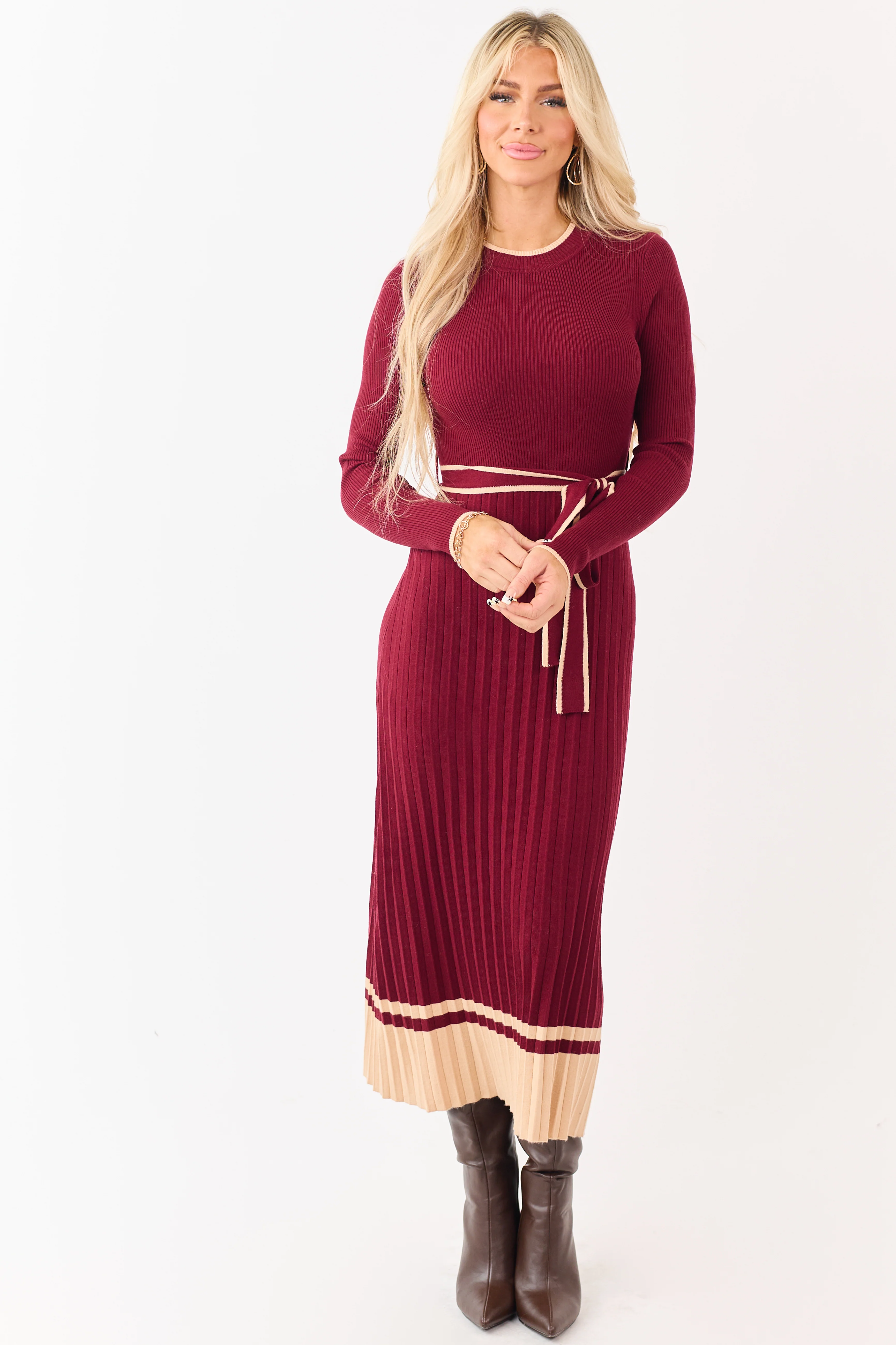 Wine Rib Knit Waist Tie Sweater Midi Dress - Image 2
