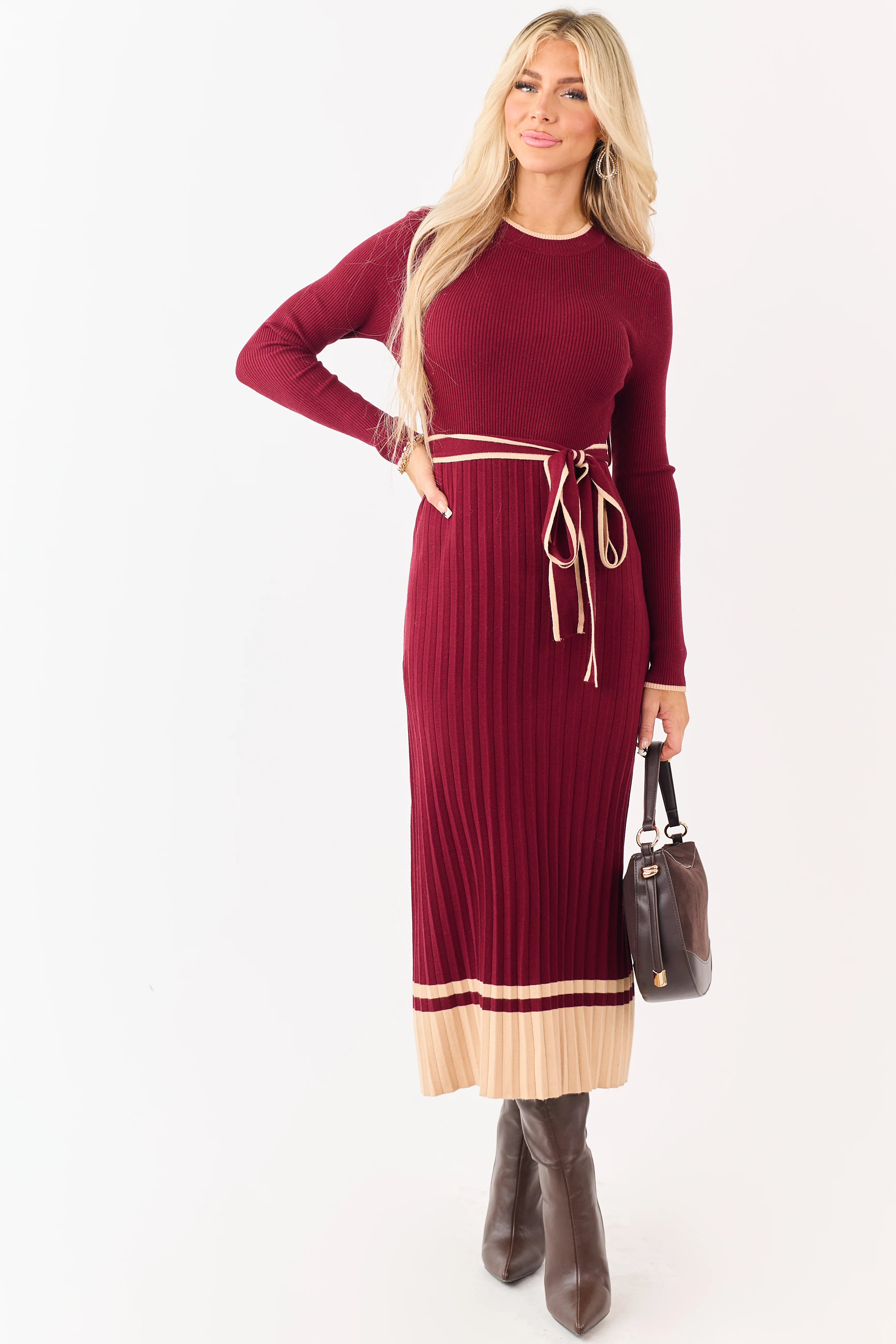 Wine Rib Knit Waist Tie Sweater Midi Dress - Image 3