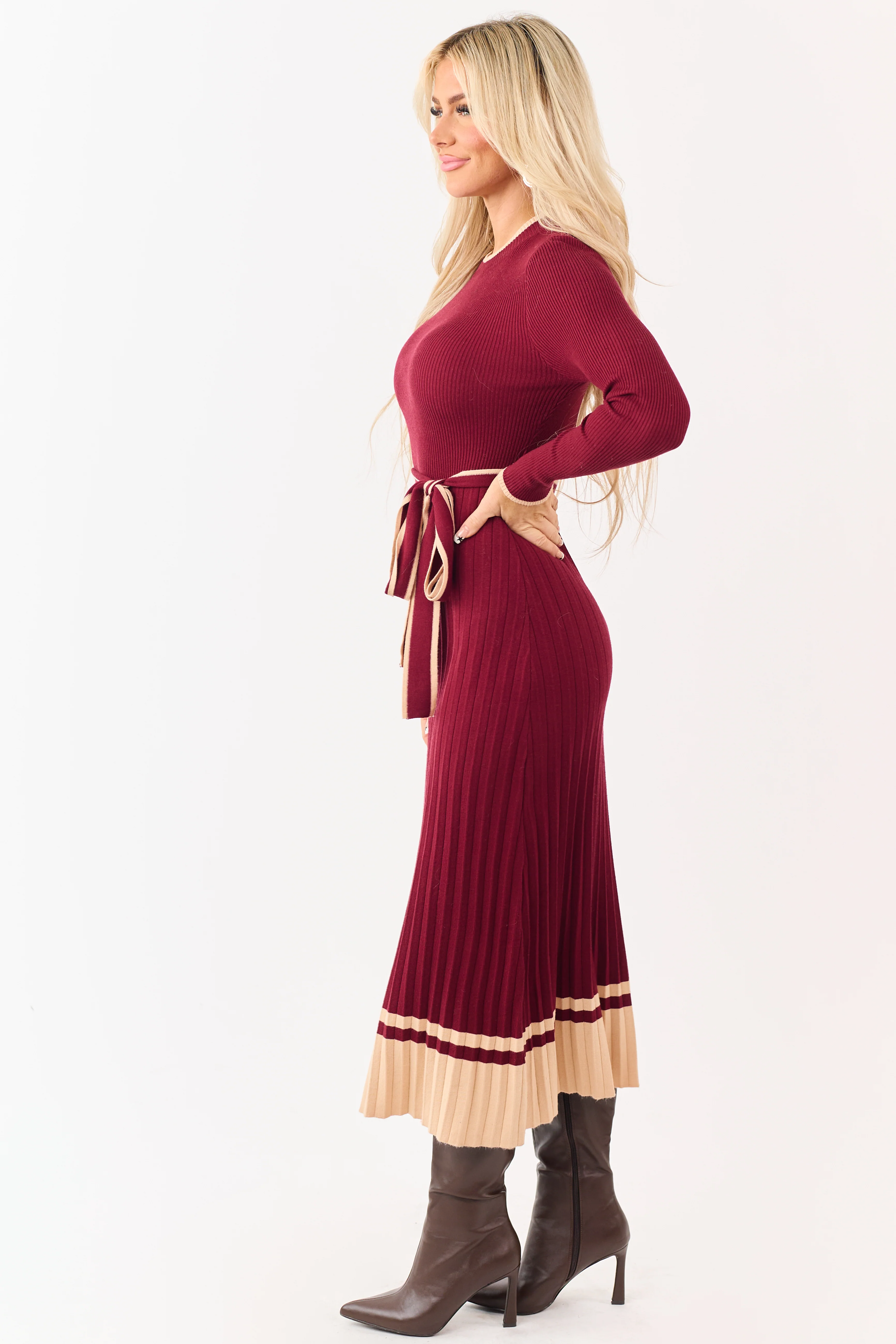 Wine Rib Knit Waist Tie Sweater Midi Dress - Image 4