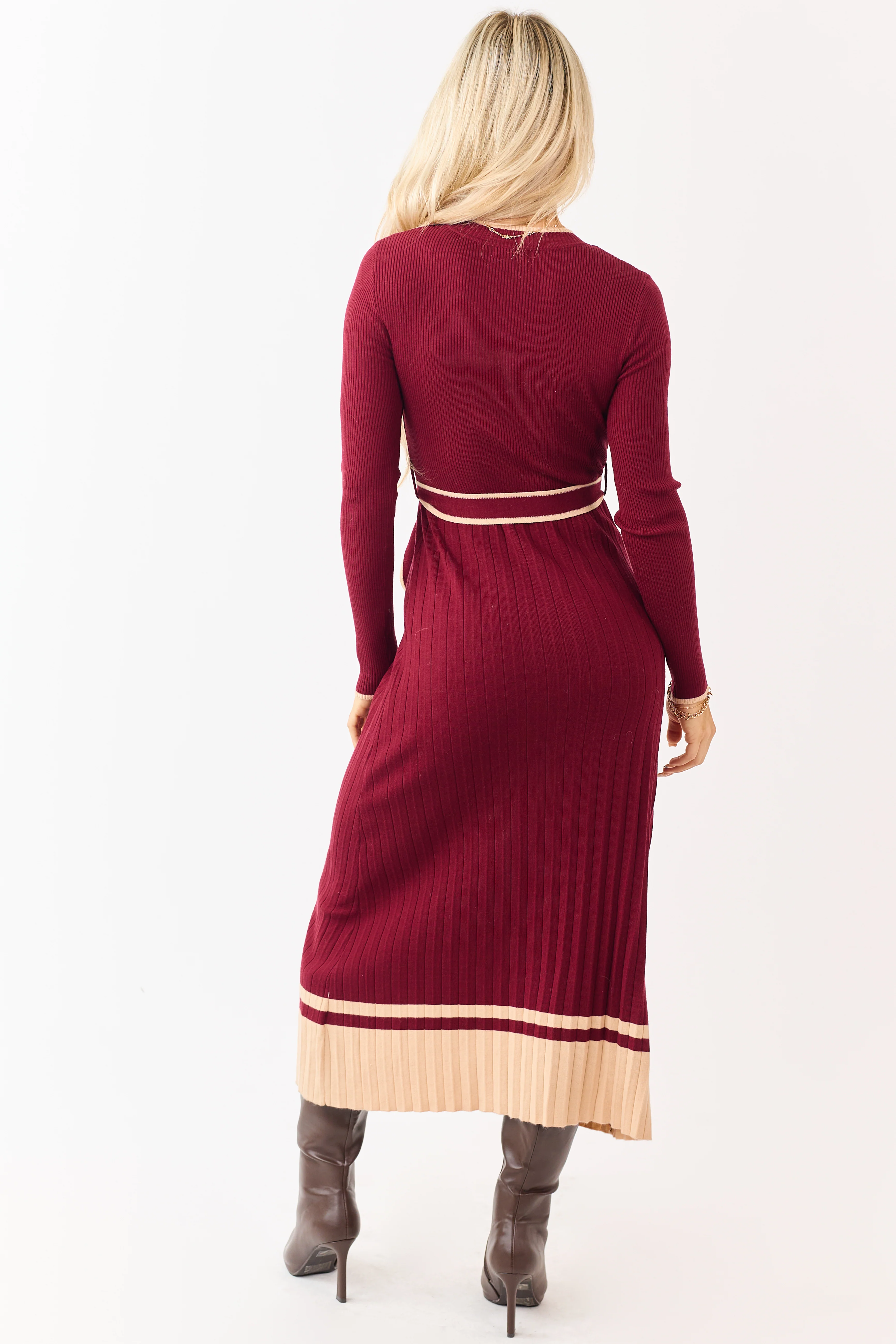 Wine Rib Knit Waist Tie Sweater Midi Dress - Image 5