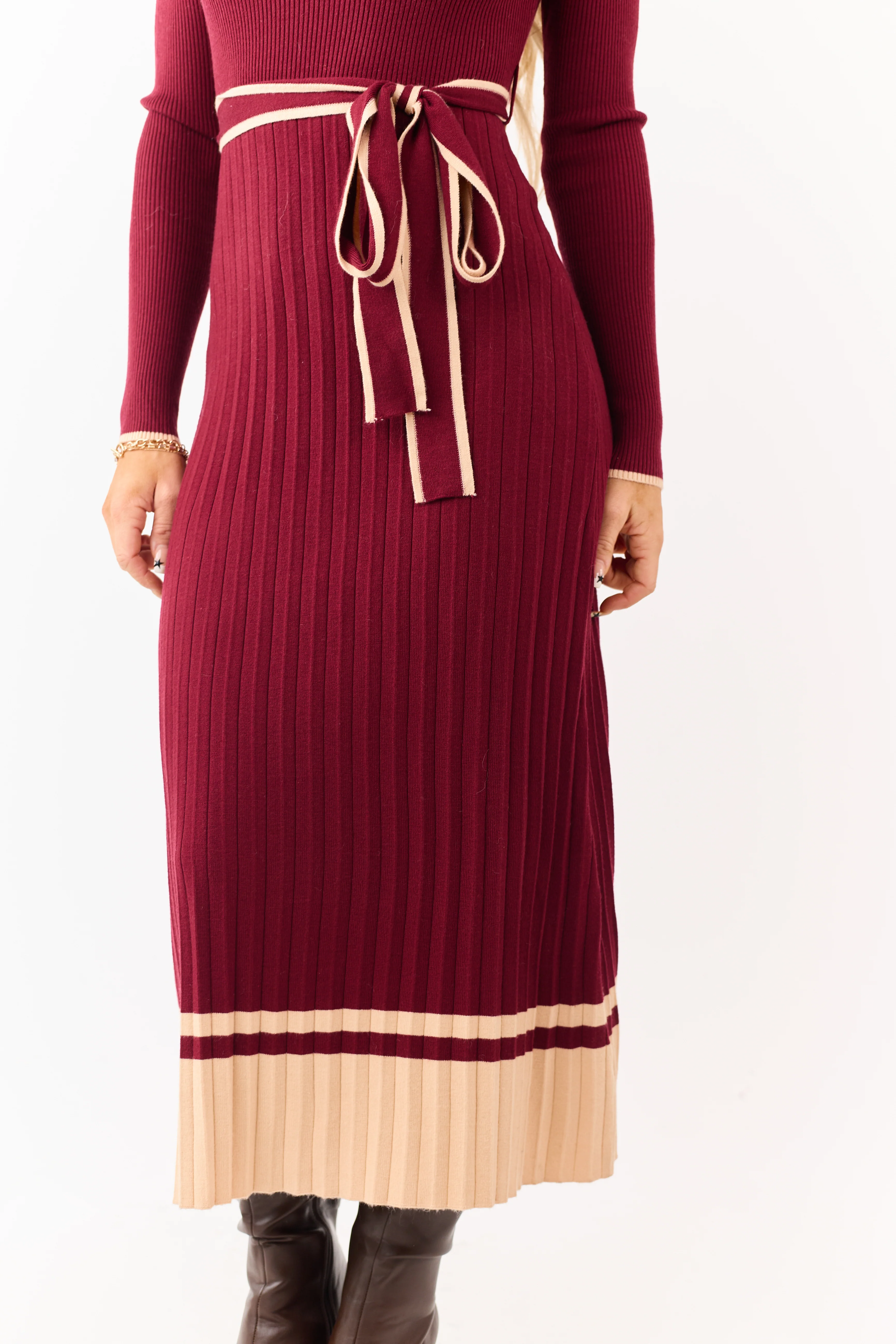 Wine Rib Knit Waist Tie Sweater Midi Dress - Image 6