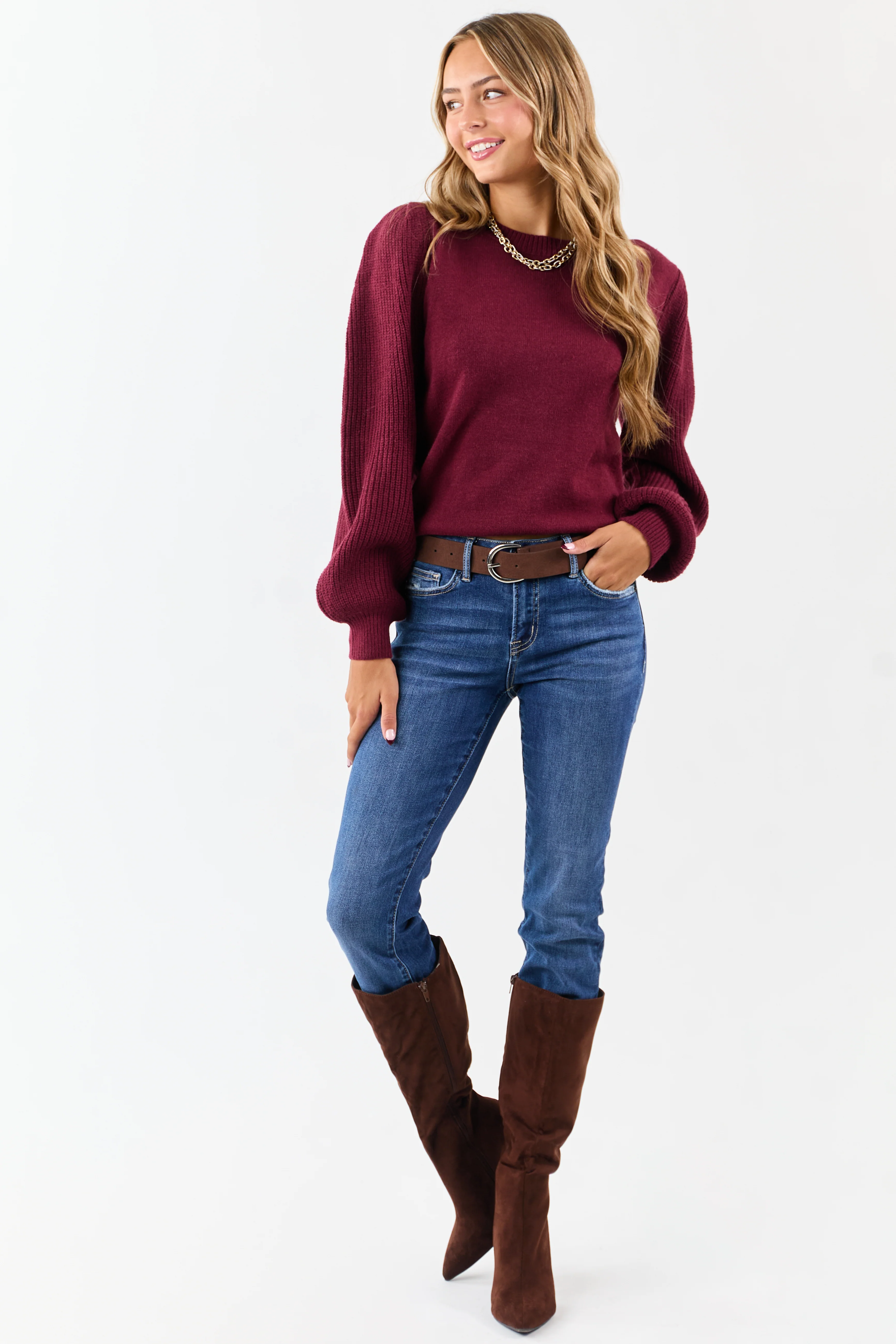 Wine Ribbed Knit Puff Long Sleeve Sweater - Image 2