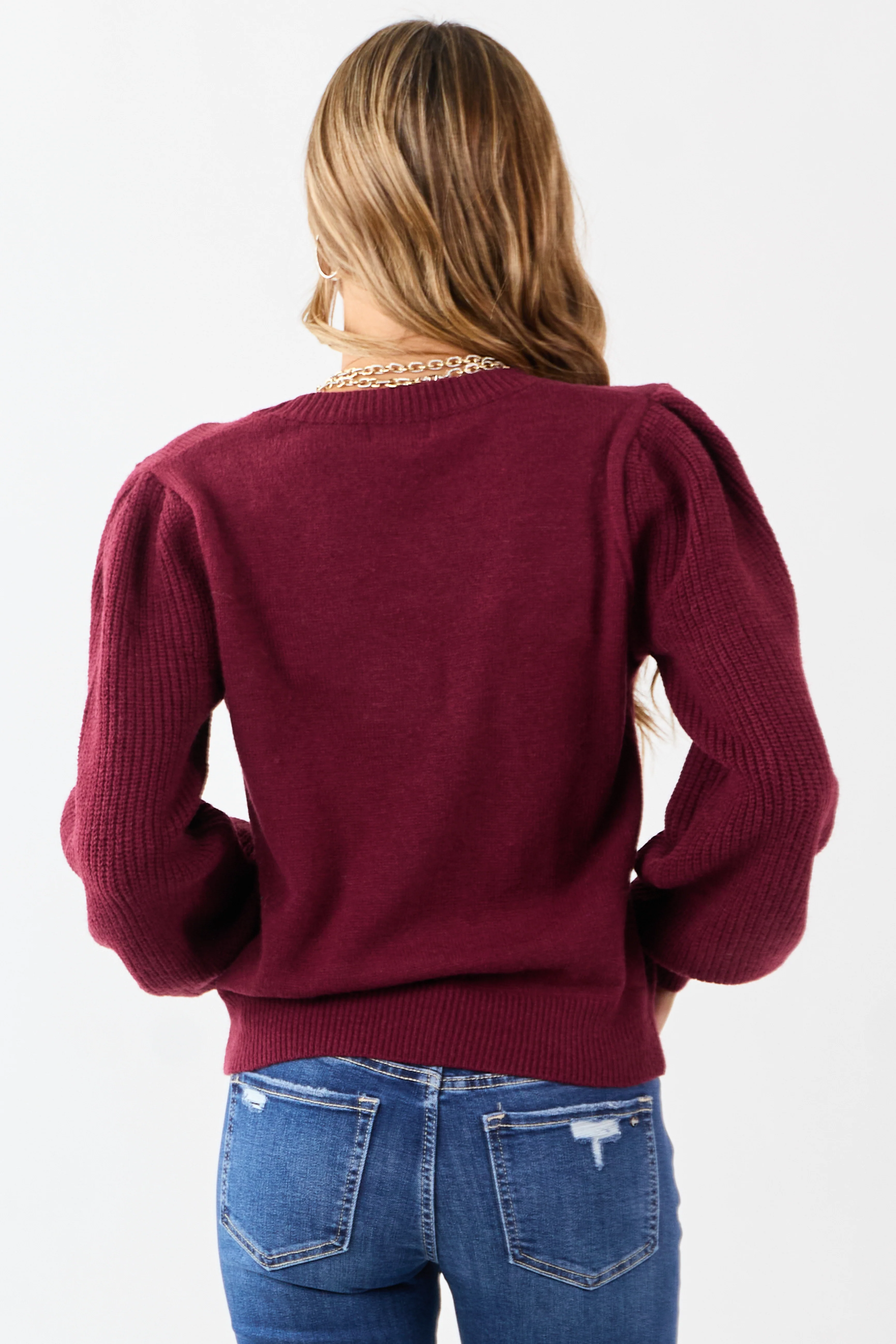 Wine Ribbed Knit Puff Long Sleeve Sweater - Image 5