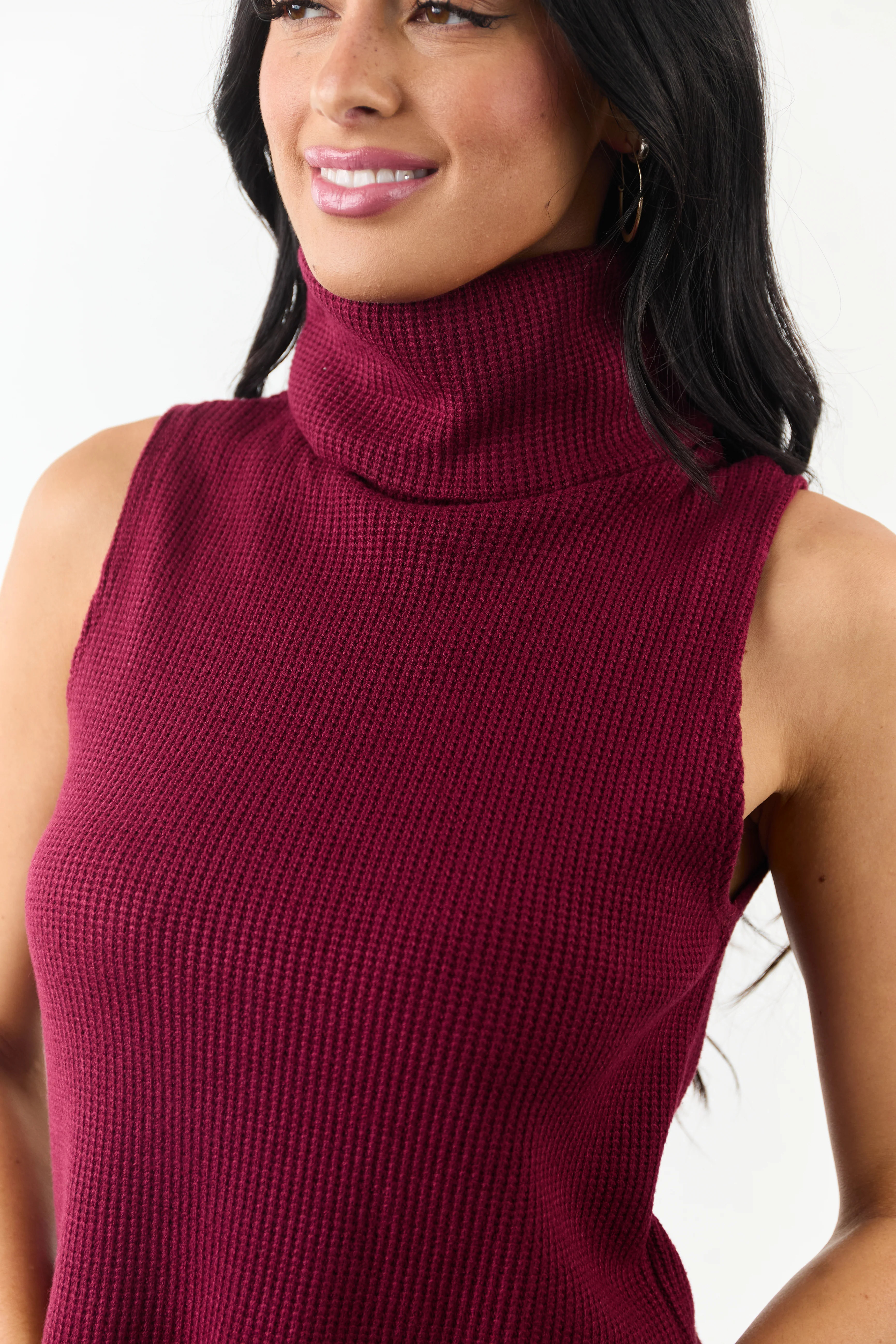 Wine Soft Knit Turtleneck Sweater Tank Top - Image 6