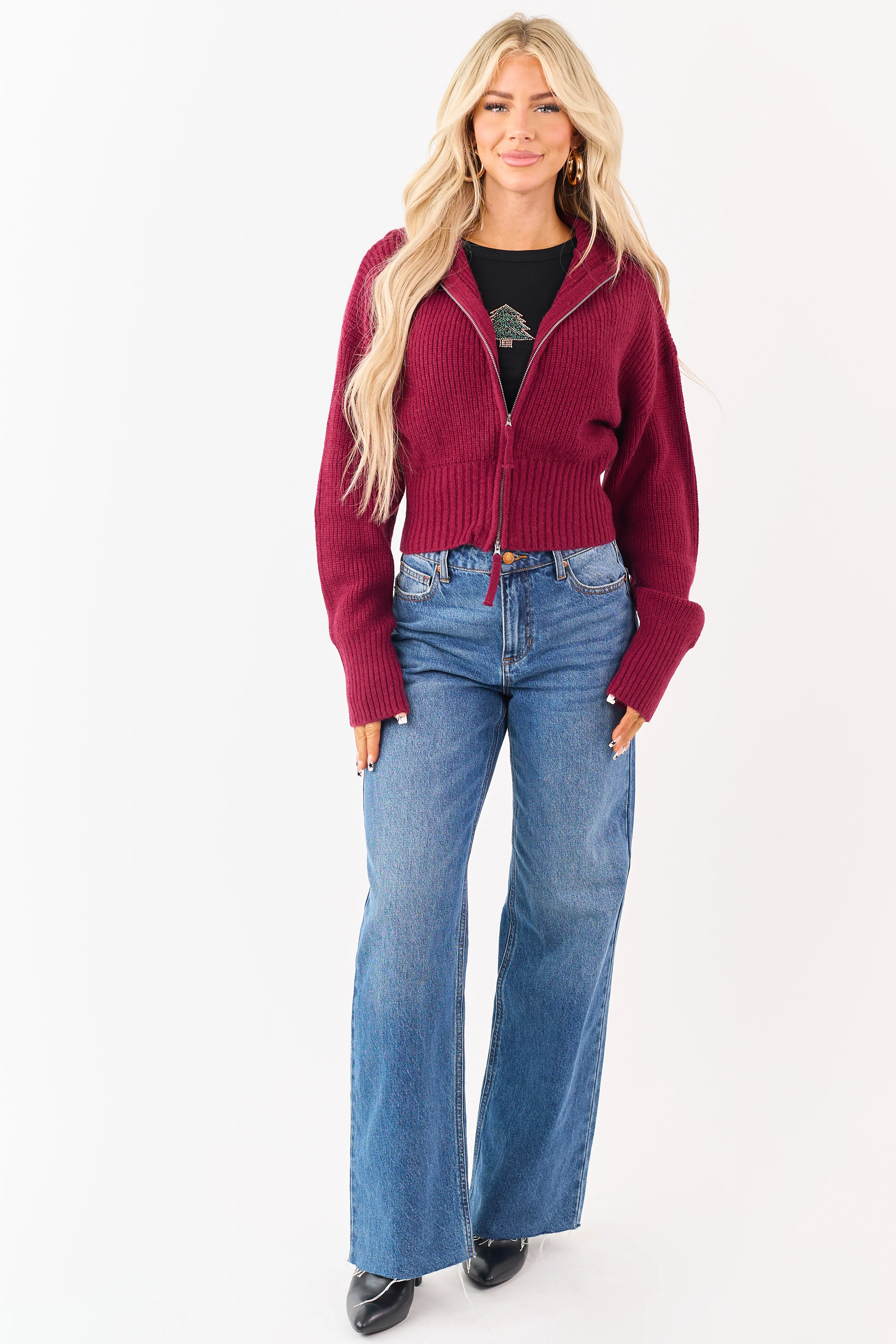 Wine Two-Way Zipper Knit Sweater Jacket - Image 4