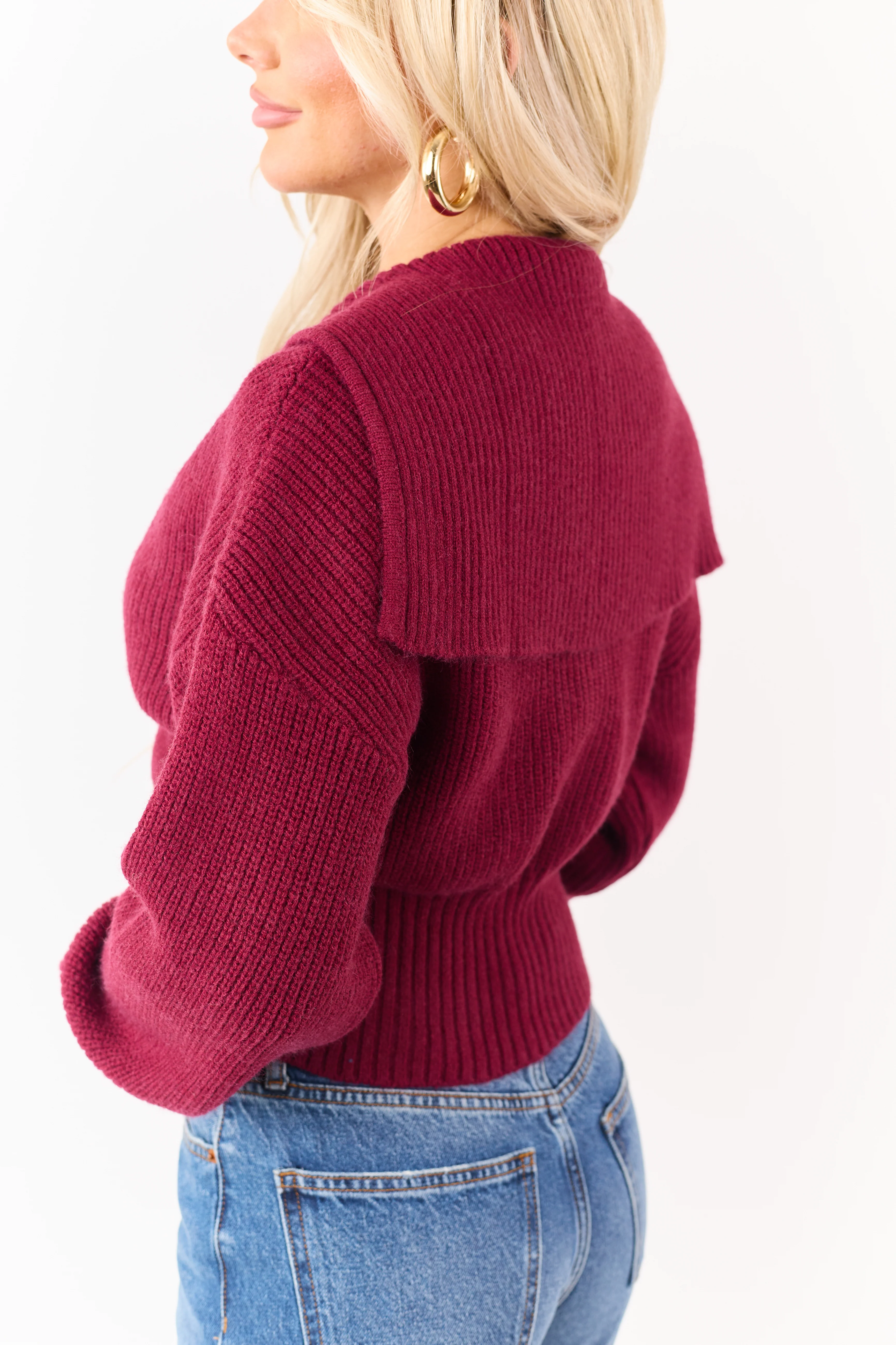 Wine Two-Way Zipper Knit Sweater Jacket - Image 7
