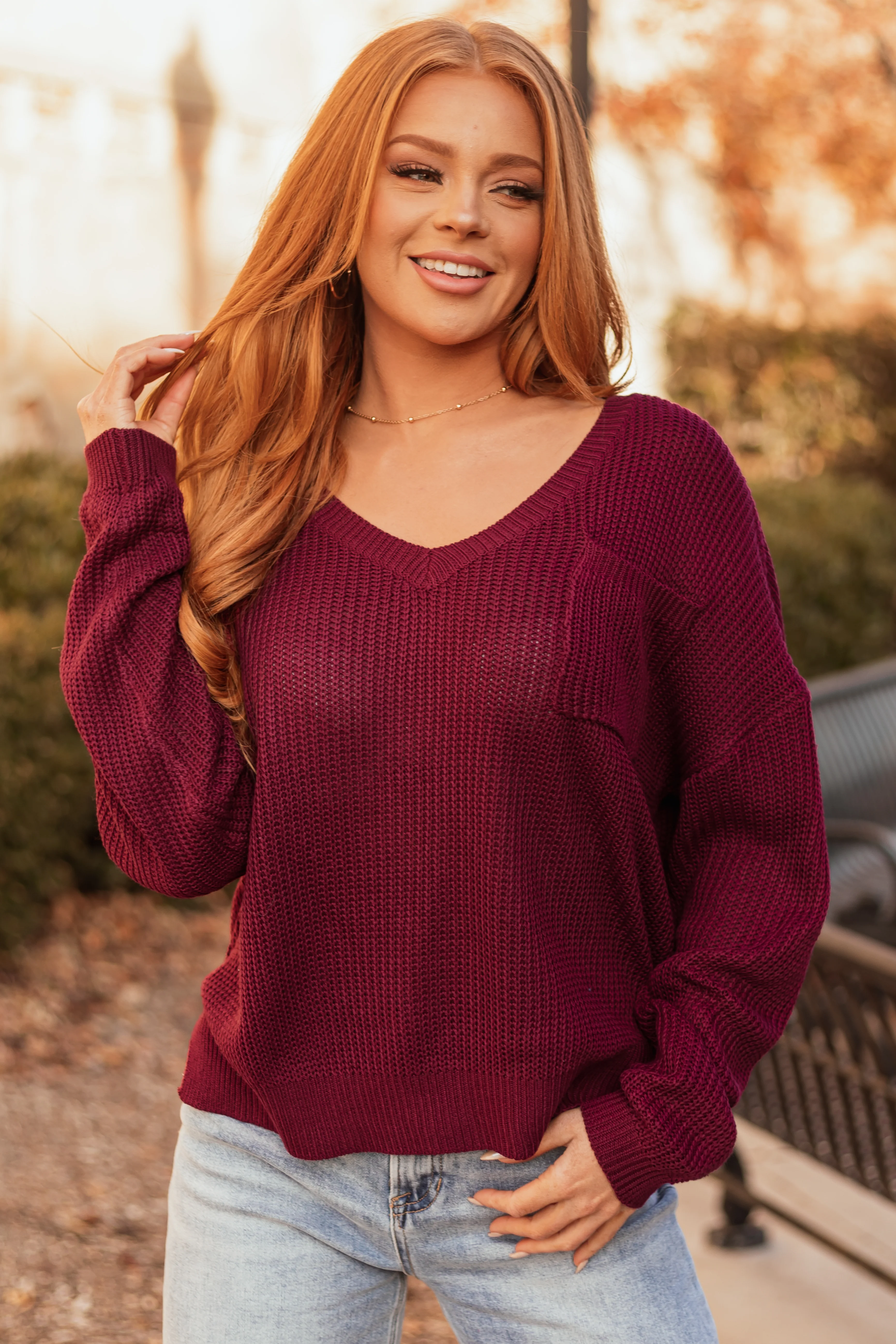 Wine V Neck Chest Pocket Knit Sweater - Image 2