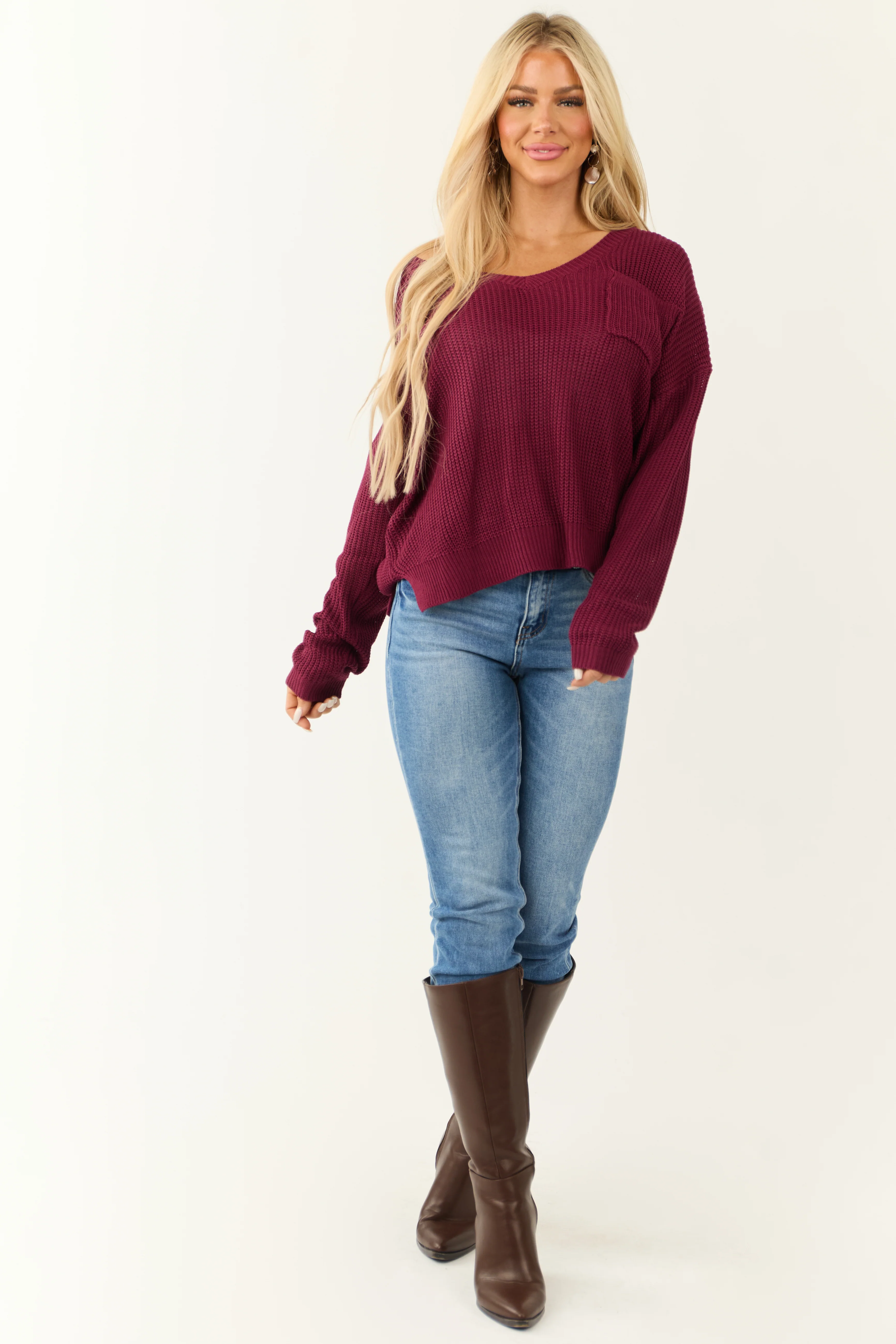 Wine V Neck Chest Pocket Knit Sweater - Image 3